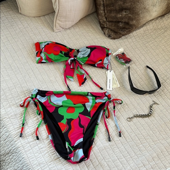 Anthropologie Other - NWT Anthropologie Sanctuary Bandeau black green floral high waist Bikini Set M